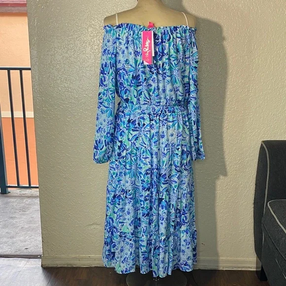 Lilly Pulitzer Blue and Green Off-Shoulder Dress - Picture 12 of 12